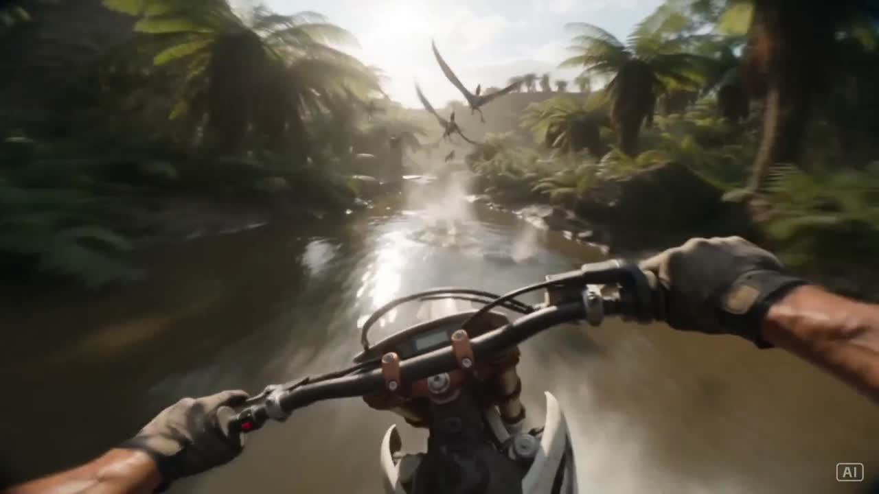 Seedance 2.0 Prompt: POV Dirt Bike Race Against Dinosaurs