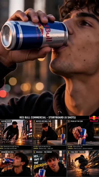 Seedance 2.0 Prompt: Red Bull Skateboarder Commercial