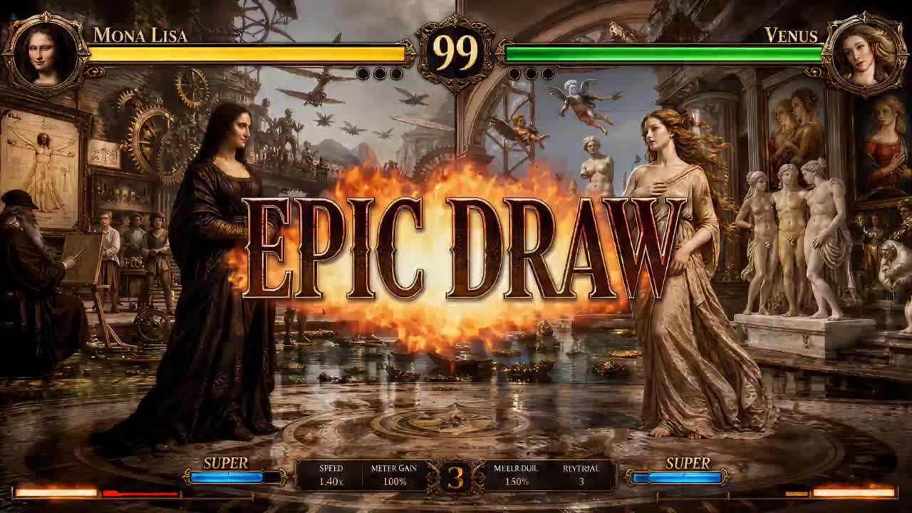 Seedance 2.0 Prompt: Renaissance Fighting Game - Mona Lisa vs Venus