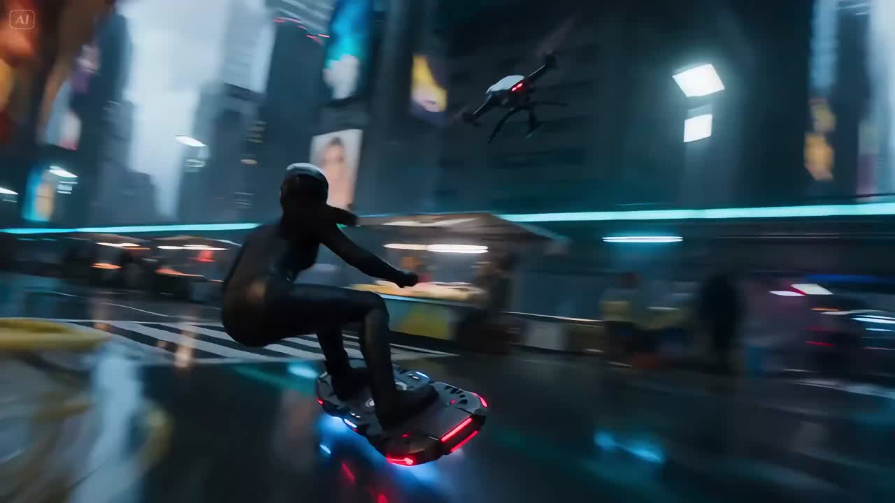 Seedance 2.0 Prompt: Cyberpunk Courier Hoverboard Chase