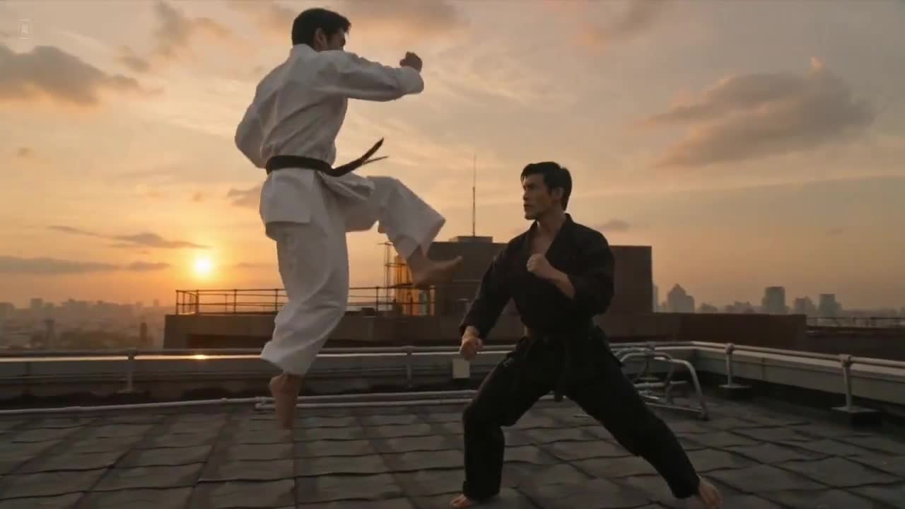 Seedance 2.0 Prompt: Rooftop Martial Arts Fight at Sunset