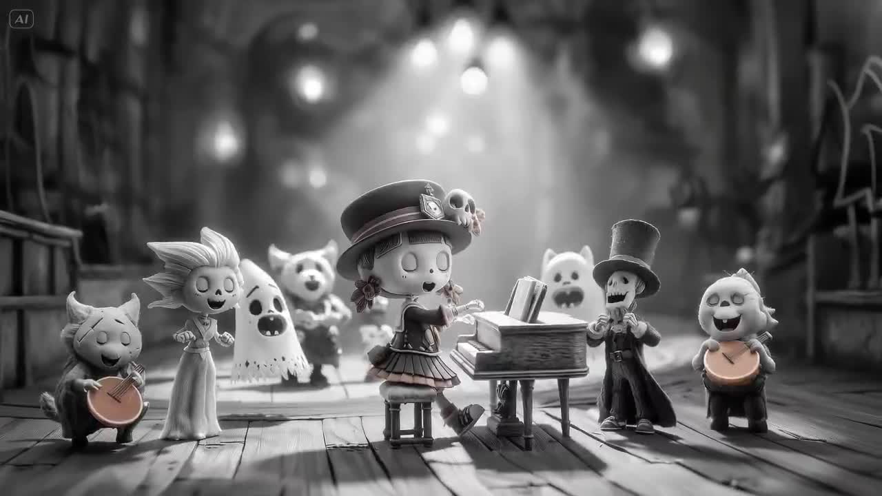 Seedance 2.0 Prompt: Miniature Monster Choir in Black & White to Color