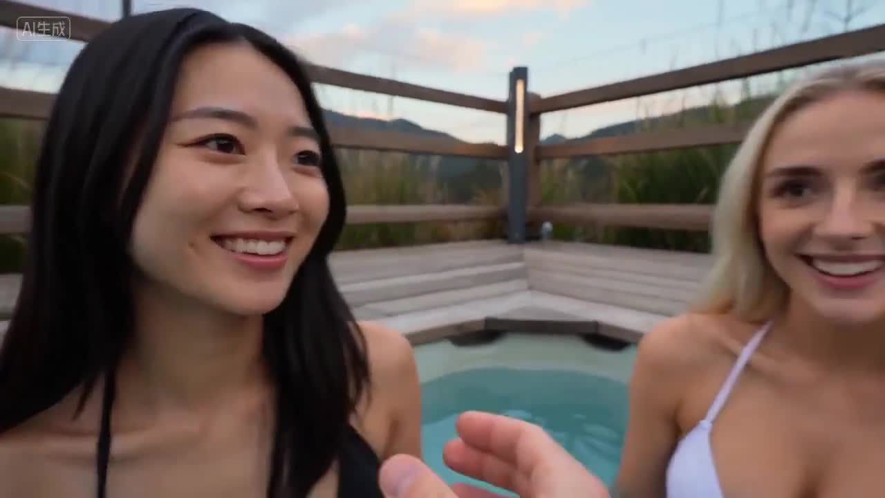 Seedance 2.0 Prompt: Time Stop Prank in Hot Spring with Two Girls