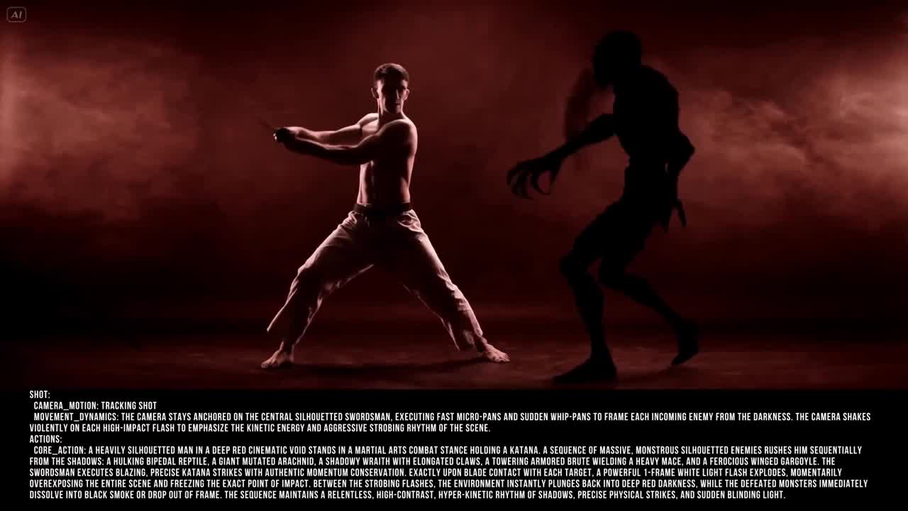 Seedance 2.0 Prompt: Silhouetted Swordsman Combat Scene