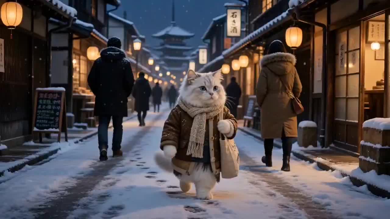 Seedance 2.0 Prompt: Snowy Japanese Town Cat Journey