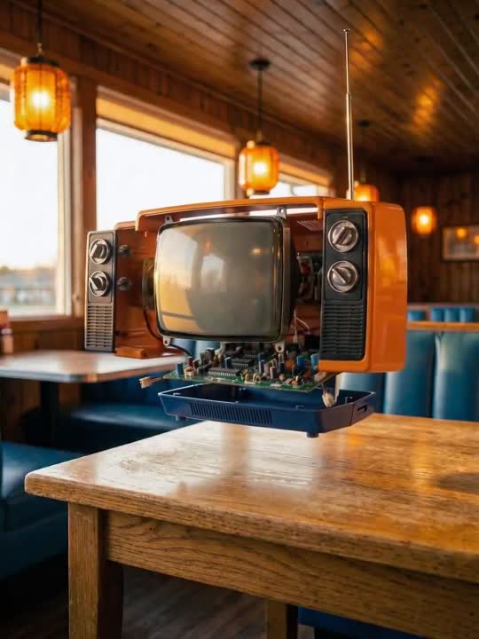 Seedance 2.0 Prompt: Levitating, Exploding Vintage TV Animation