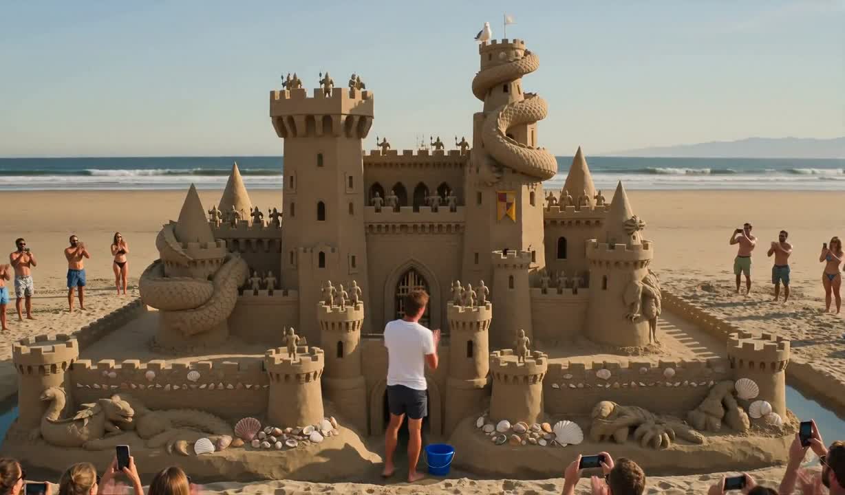 Seedance 2.0 Prompt: Cinematic Hyperlapse of Sandcastle Construction