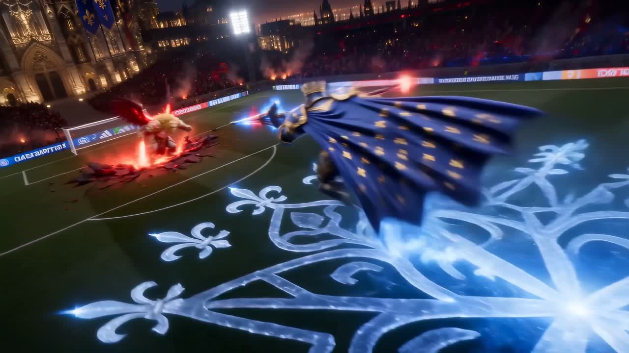 Seedance 2.0 Prompt: UEFA Champions League Cinematic Titan Battle