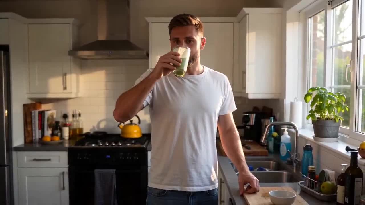 Seedance 2.0 Prompt: Man Sips Morning Smoothie in Sunny Kitchen