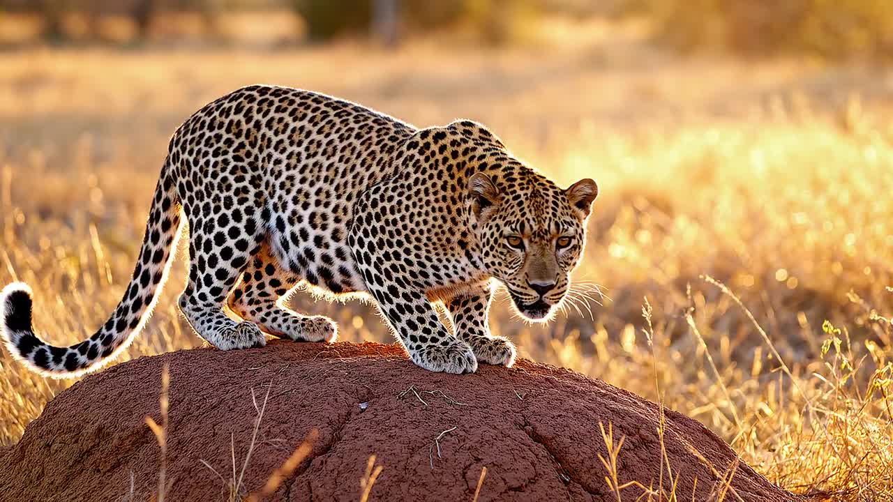Seedance 2.0 Prompt: Leopard on Termite Mound at Dawn