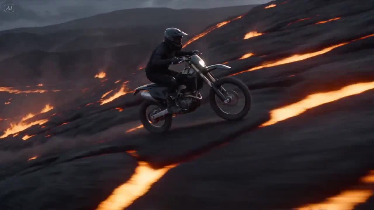 Seedance 2.0 Prompt: Volcano Slope Rider Action Scene