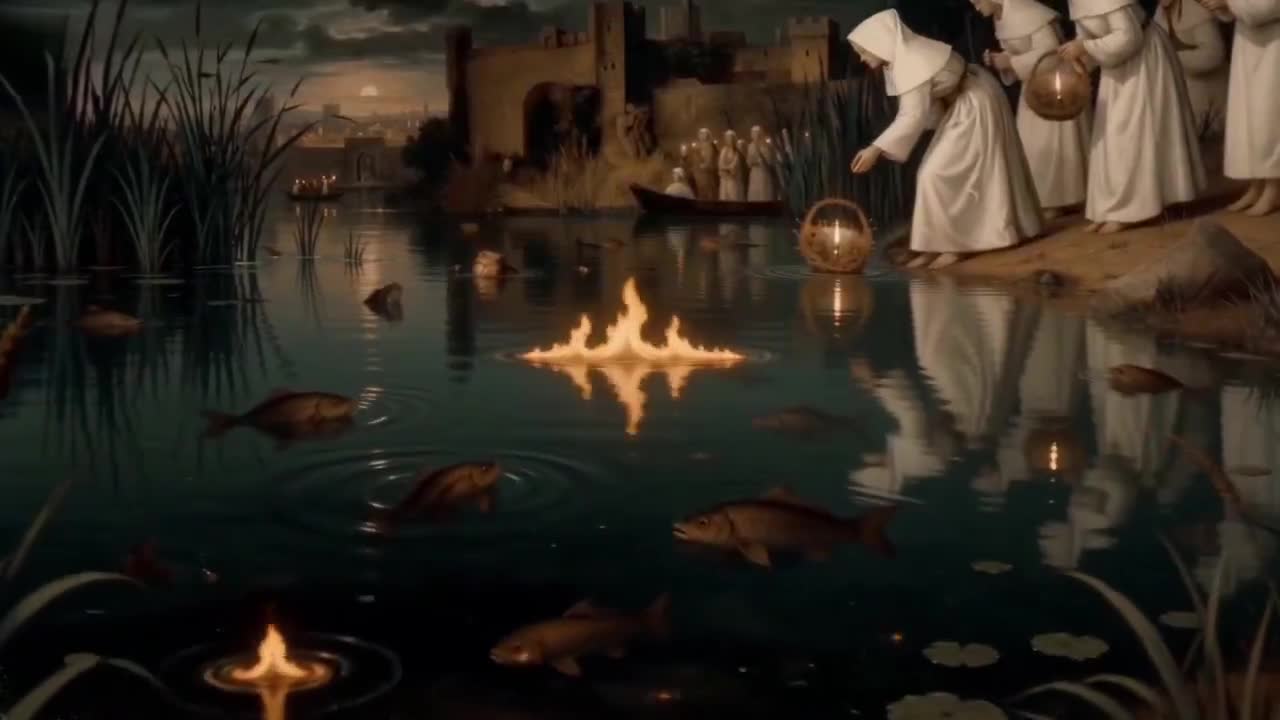 Women Placing Glowing Lanterns on Water in Hieronymus Bosch Style - Seedance 2.0 Prompt