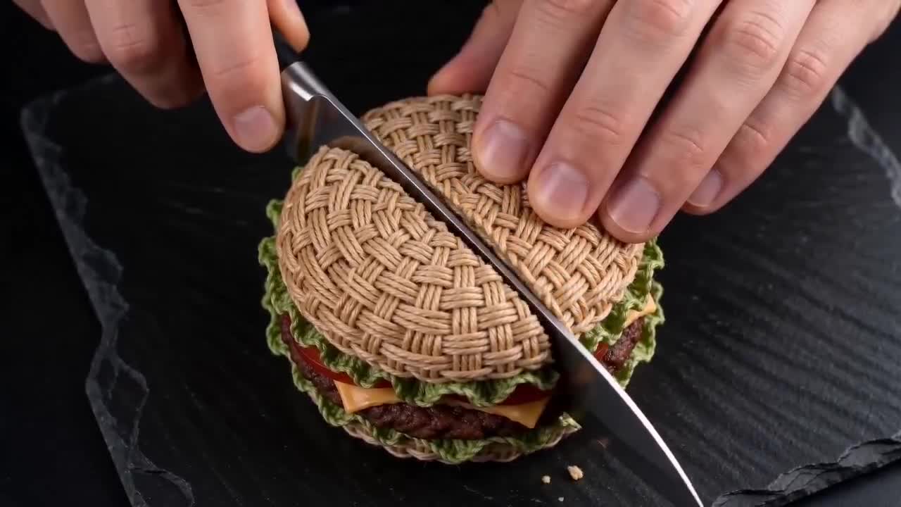 Seedance 2.0 Prompt: Woven Wool Hamburger ASMR Video