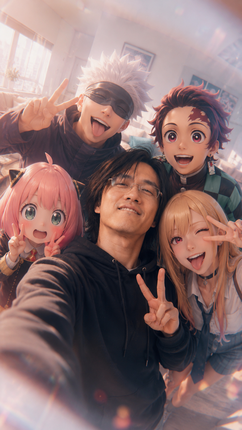 Anime Besties Forever Whimsical selfie with iconic characters. Warm emotional energy. AI image prompt preview generated with Synterial