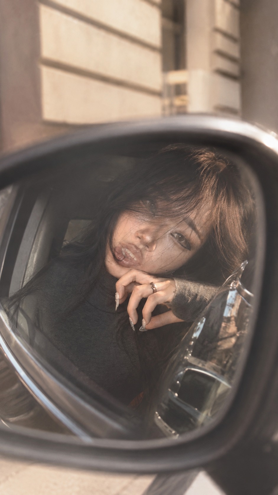 Aesthetic, cinematic, and soft side mirror photo AI image prompt preview generated with Synterial