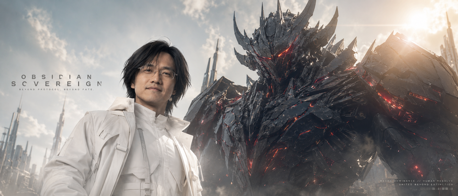 Ultra-Wide Mecha Guardian Character Poster Dark Knight Mech White Outfit Version" AI image prompt preview generated with Synterial