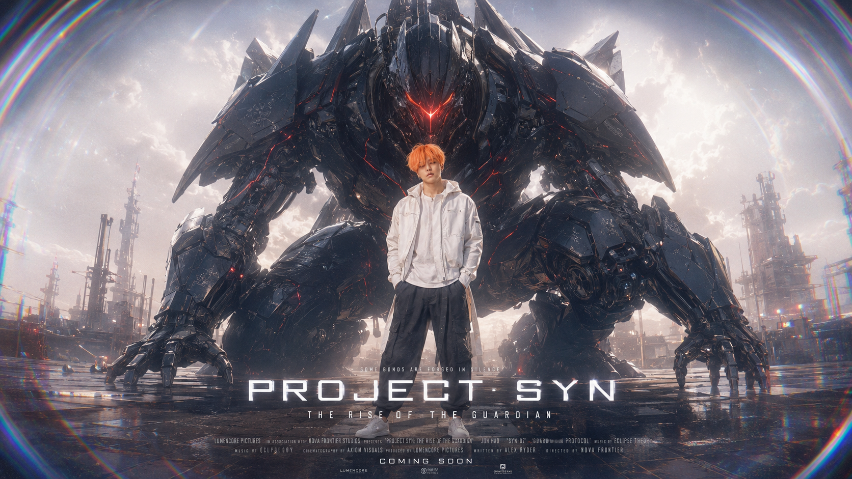 Ultra-Wide Soft Bloom Fisheye Mecha Guardian Poster AI image prompt preview generated with Synterial