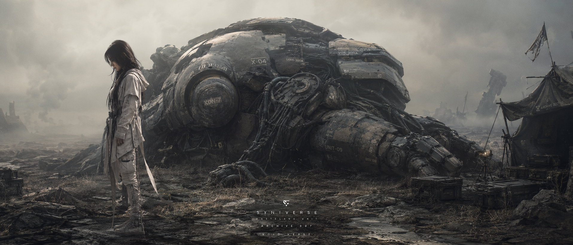 Strict Side-Profile Wasteland Mecha Companion Poster  AI image prompt preview generated with Synterial