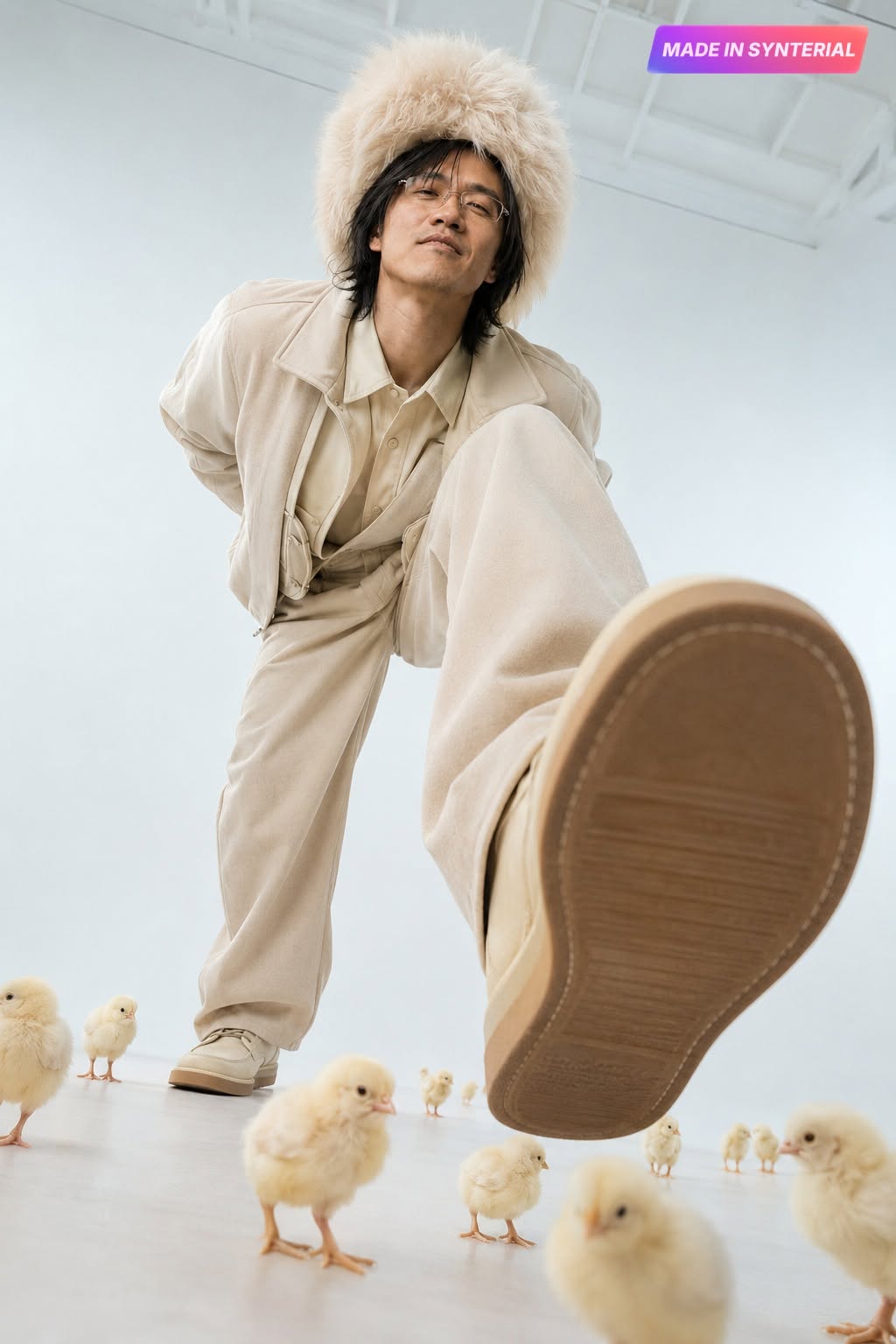 Low-Angle Surreal Studio Fashion Portrait AI Image Prompt AI image prompt preview generated with Synterial